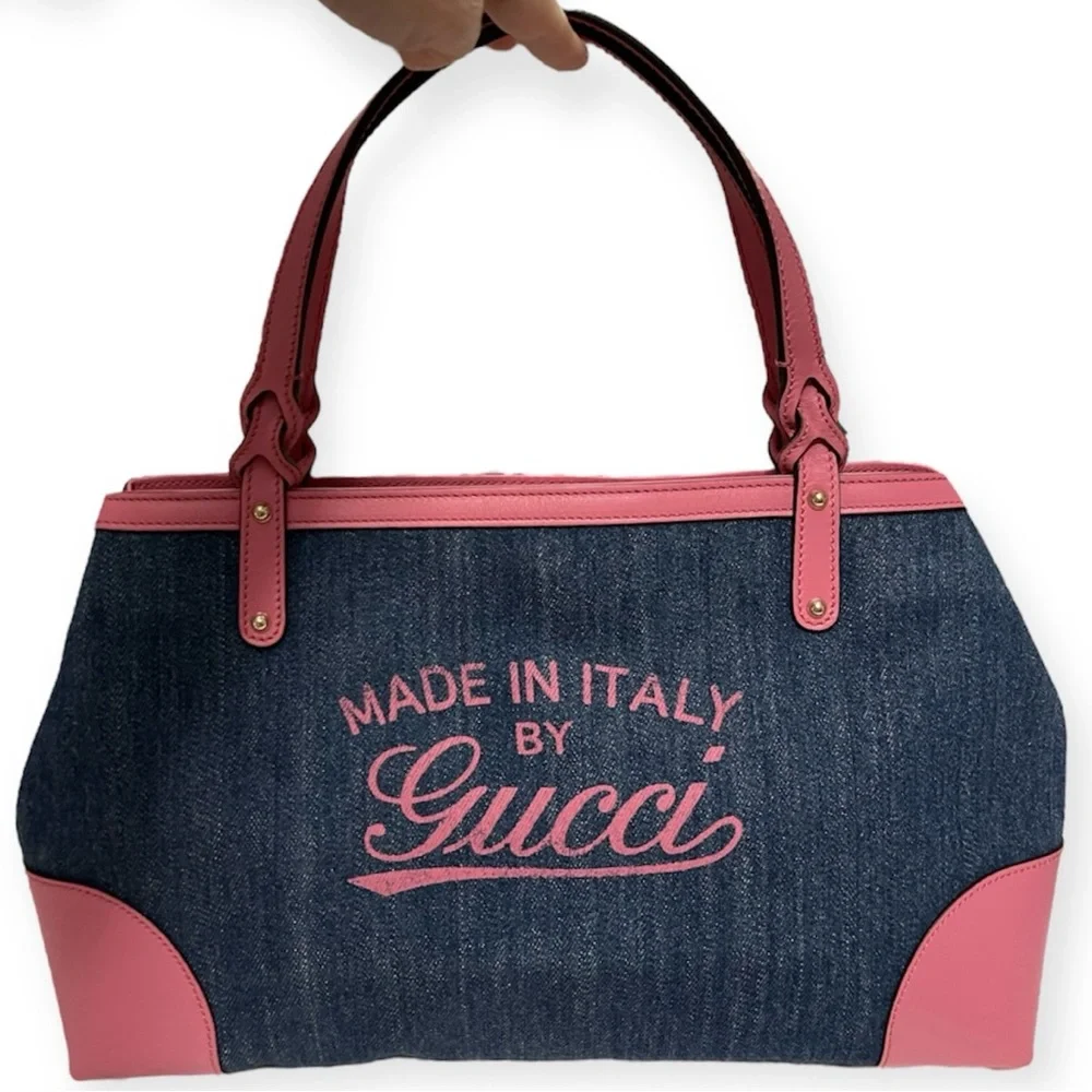 GUCCI Hawaii Tote Blue Denim Pink Leather Oversized Rare Vintage EUC